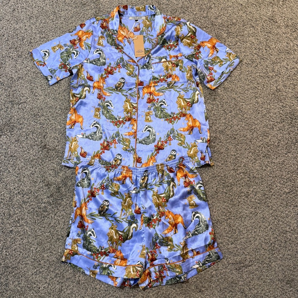 NEW Their Nibs Blue satin Woodland Creatures Print Short Pajama Set Size Large